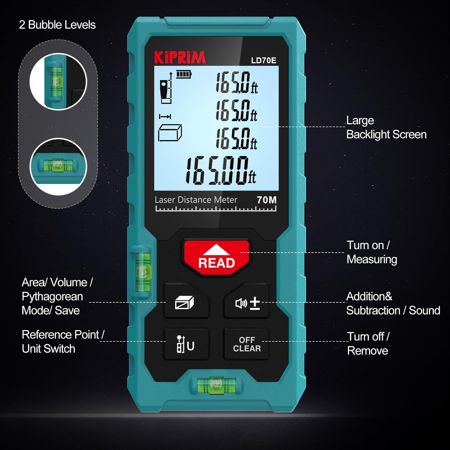 Kiprim Laser Distance Measure High Accuracy 229ft LD70E Laser Tape Measure 70M Compact Laser Measurement Tool with Larger Backlit LCD Display,ft/m/in Switching,Bubble Level
