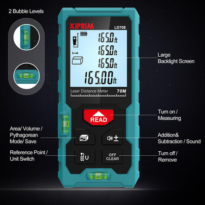 Kiprim Laser Distance Measure High Accuracy 229ft LD70E Laser Tape Measure 70M Compact Laser Measurement Tool with Larger Backlit LCD Display,ft/m/in Switching,Bubble Level