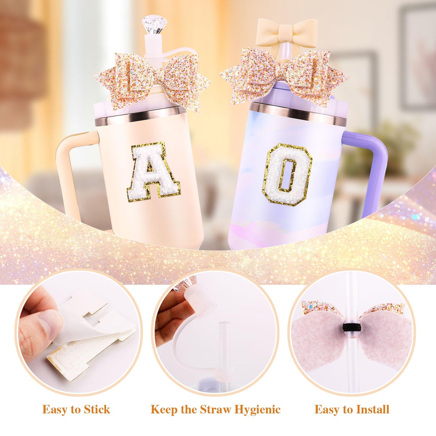 White Cup Accessories Set for Stanley 30OZ & 40OZ Tumbler with Handle, Letter Charms, Bow & Diamond Straw Covers, Glitter Silicone Boot, Personalized Sticker for Stanley Cup Accessories (A)