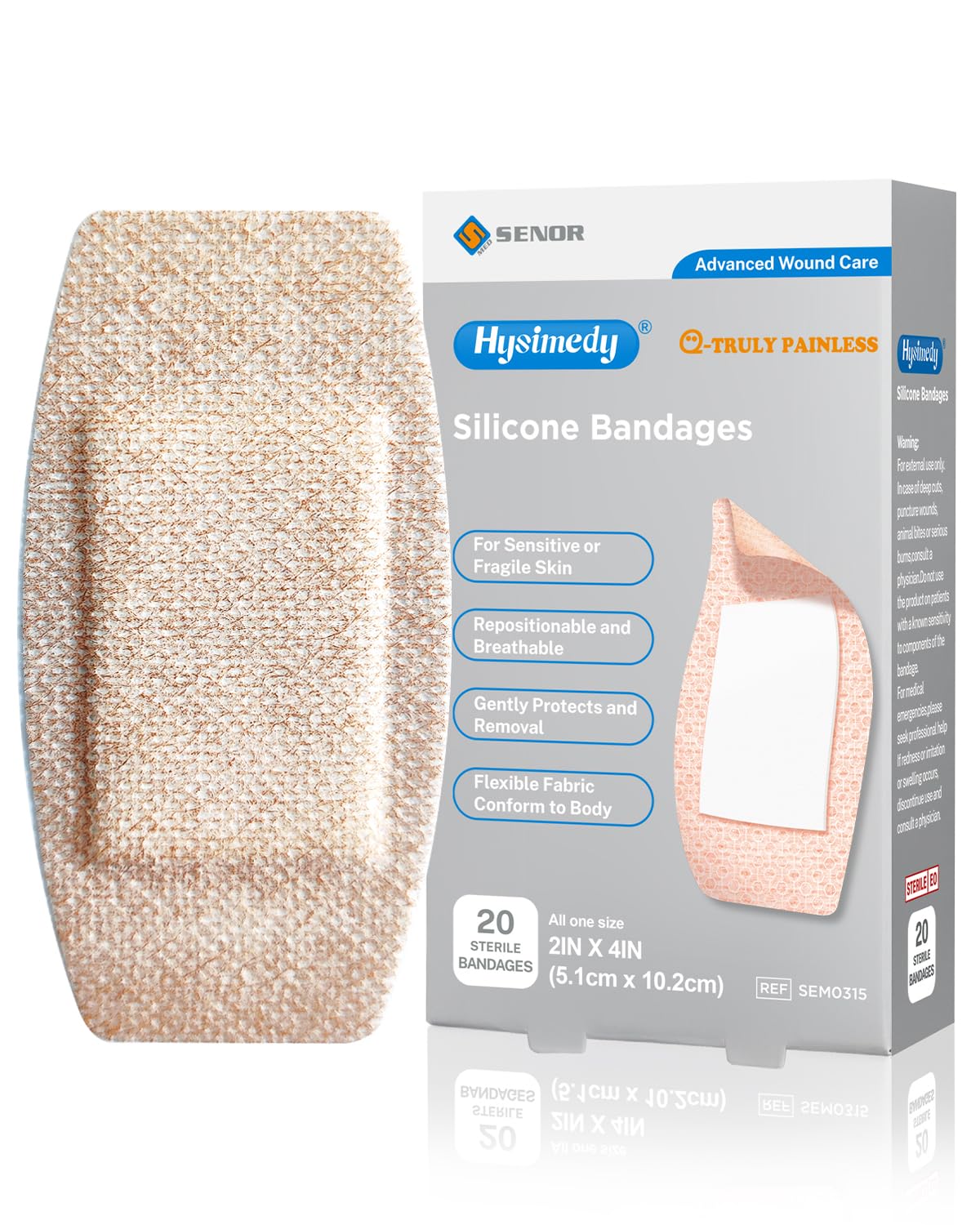 Hysimedy Silicone Adhesive Bandages Large Sizes for Sensitive Fragile Skin 2"x4" 20 Count Flexible Fabric Latex Free Hypoallergenic Breathable XL Bandages for Adhesive Allergy Wounds