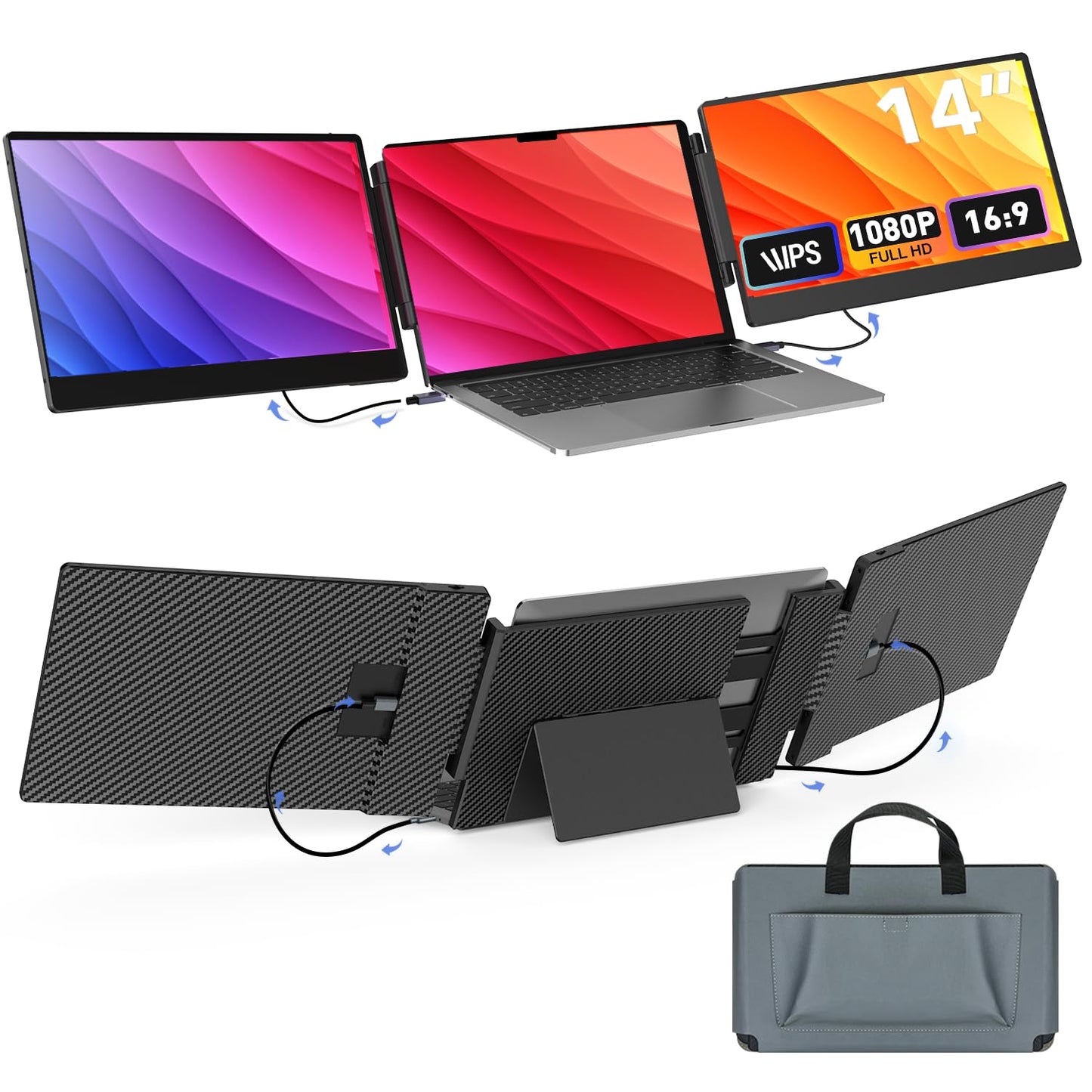 Portable Monitor 14-inch, 1080P FHD Laptop Screen Extender, Plug & Play, Updated Alloy Stand, Triple Screen Laptop Monitor Extender fits Laptops with Screens up to 14.56" Wide, Windows, Mac, Chrome