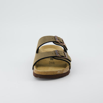 CUSHIONAIRE Lane Cork Footbed Sandals for Women – Comfortable Double Buckle Slip-On with Genuine Suede Footbed & Arch Support Slides for Women Footwear, BROWN 7