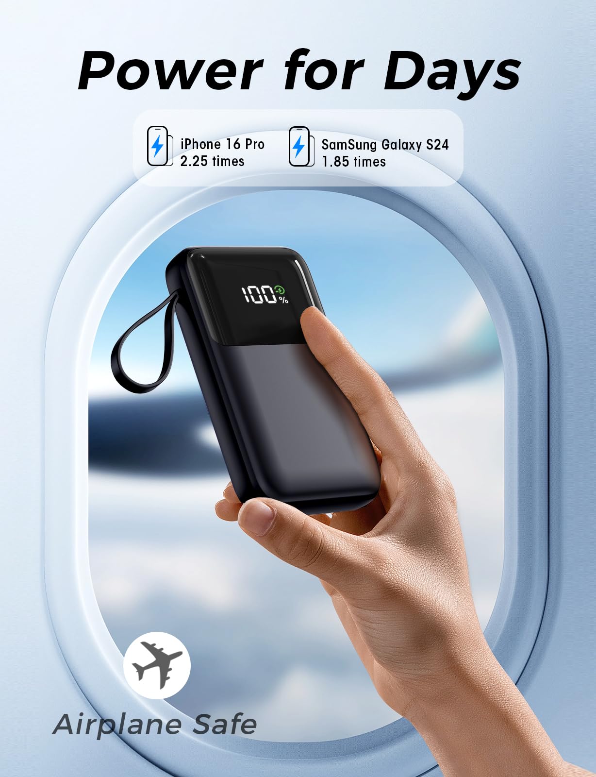 Portable Charger with Built in Cable, 15000mAh Power Bank, 22.5W Fast Charging, 6 Outputs, Slim Travel Essential Battery Pack with LED Display, Compatible with iPhone 16/15/14/13, Samsung, iPad, etc