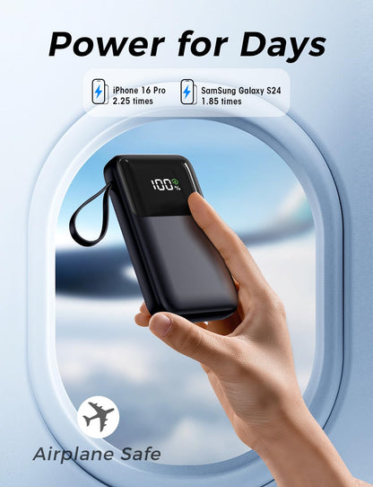 Portable Charger with Built in Cable, 15000mAh Power Bank, 22.5W Fast Charging, 6 Outputs, Slim Travel Essential Battery Pack with LED Display, Compatible with iPhone 16/15/14/13, Samsung, iPad, etc