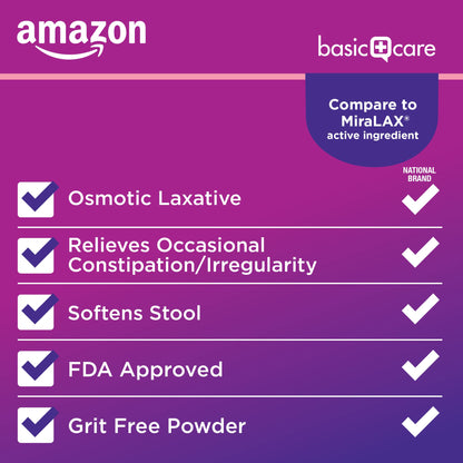 Amazon Basic Care ClearLax Polyethylene Glycol 3350 Powder for Solution, Osmotic Laxative, Relieves Occasional Constipation, Unflavored, 1.68 pound (Pack of 1)