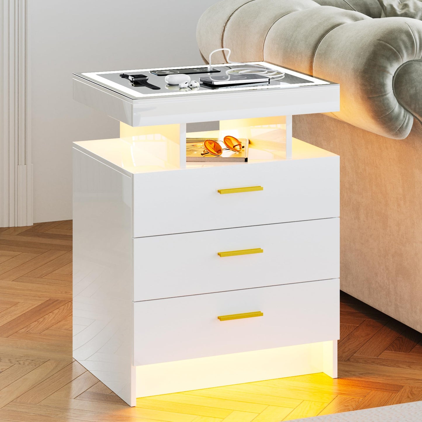 Lvifur LED Nightstand with Wireless Charging Station, Auto Sensor 3 Color Dimmable Night Stand, Modern Bedside Table with 3 Drawers & 3 Open Compartments for Bedroom, White