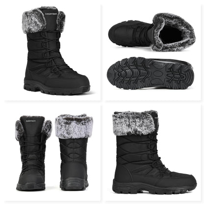 ANGRYRAM Winter Steel Toe Boots for Women Warm Insulated Non Slip Snow Boots Comfortable Work Shoes Mid Calf Faux Fur Furry Snow Shoes for Industry Construction Outdoor Winter