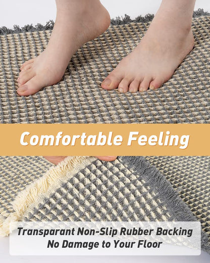 AMOAMI Upgraded Waffle Bath Mat, Super Absorbent Non Slip Bath Mats for Bathroom Floor, Machine Washable Bathroom Rugs with Tassels, Rubber Backed Bathroom Mats, Ultra Soft, 18" x 30"