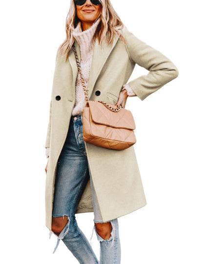 Tanming Women's Notch Lapel Double Breasted Wool Blend Mid Long Pea Trench Coat (Beige-L)