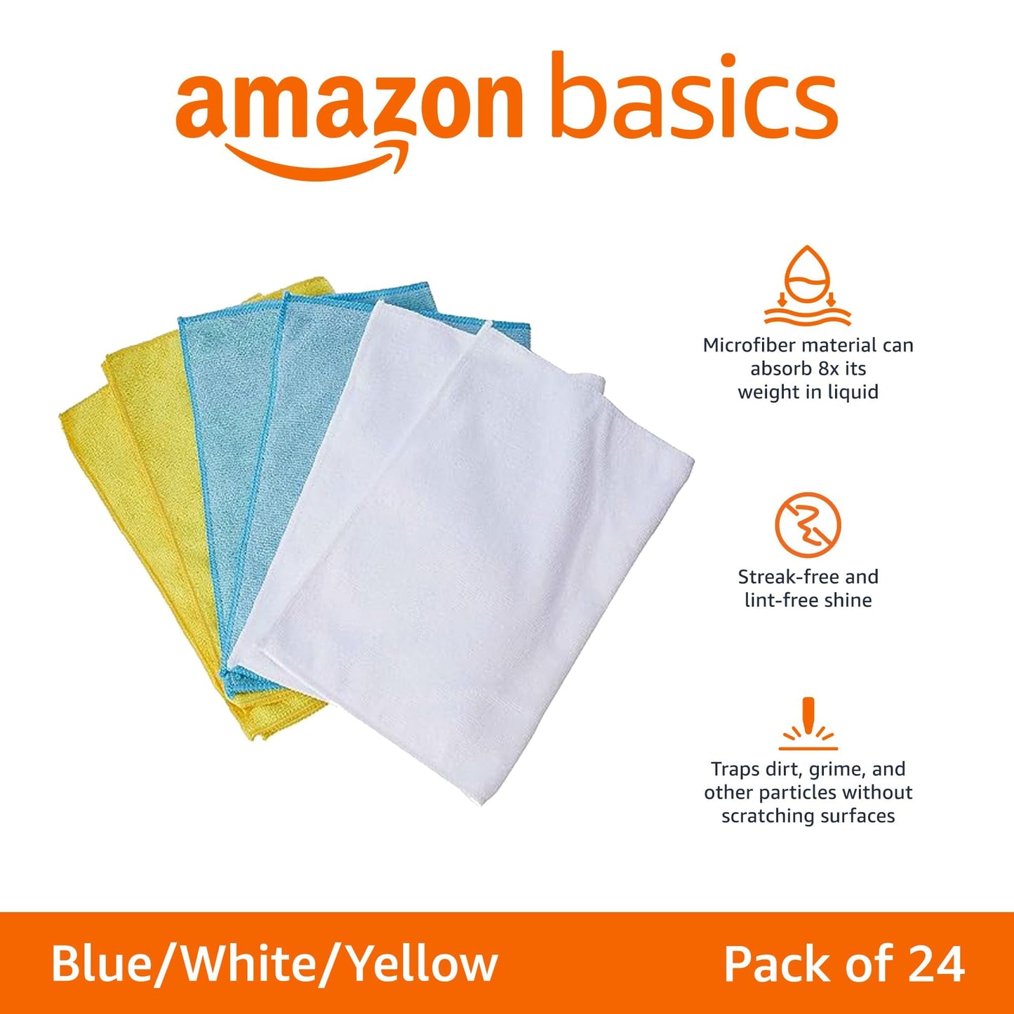 Amazon Basics Microfiber Cleaning Cloths, Non-Abrasive, Reusable and Washable, Pack of 24, Blue/White/Yellow, 16" x 12"