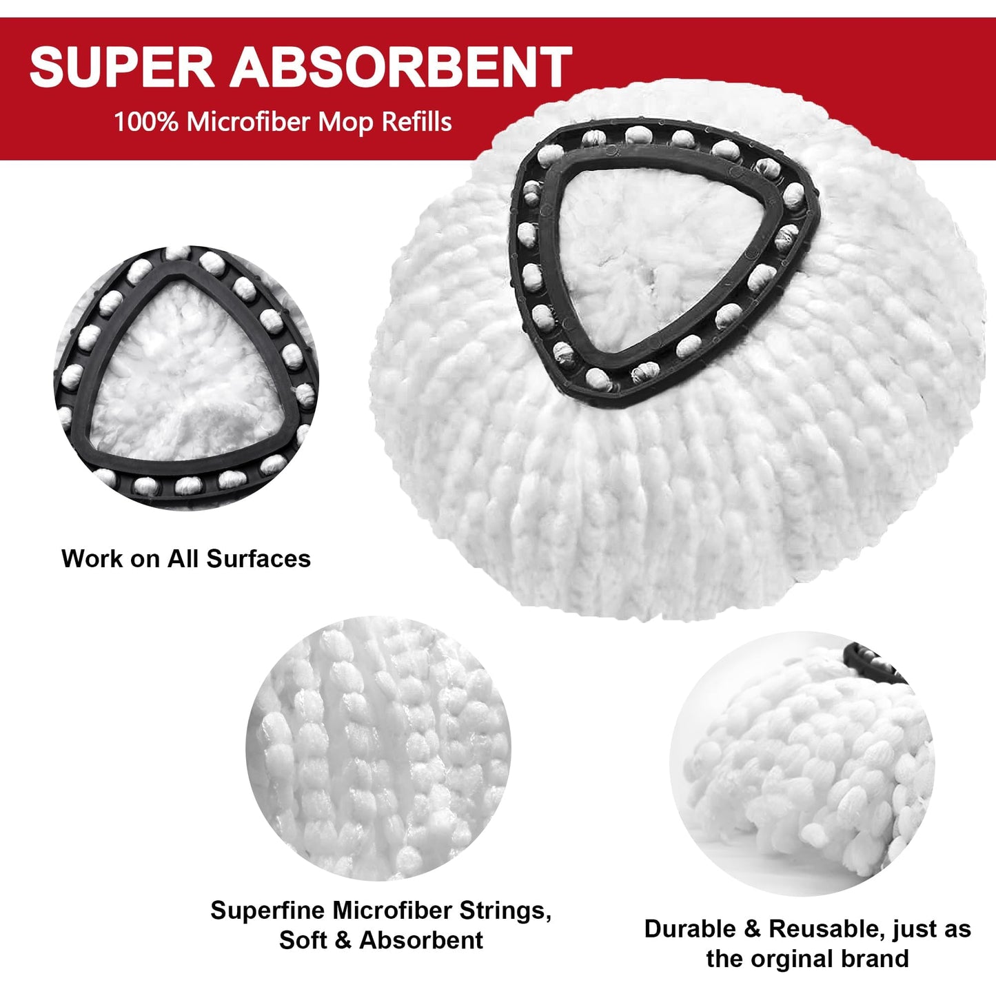 4 Pack Mop Heads Replacements for O-Ceda Easy Wrin Spin System, Microfiber Refills, Easy Cleaning Mop Repalce Head