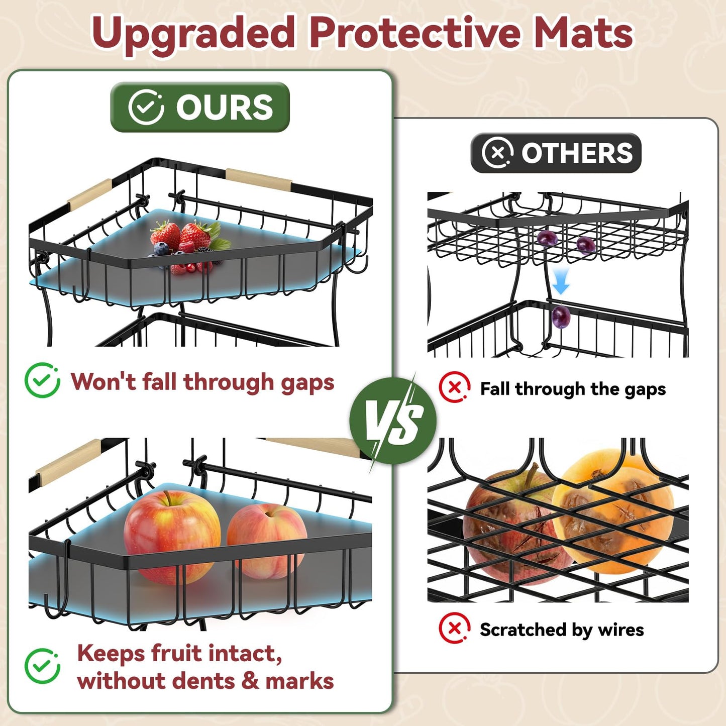 Tequie 2 Tier Fruit Basket for Kitchen Counter - Detachable Metal Fruit Bowl with 2 Banana Hangers for Corner , Large Capacity Fruit Stand with Wooden Handle for Bread Fruit and Vegetable Storage