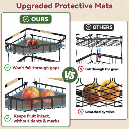 Tequie 2 Tier Fruit Basket for Kitchen Counter - Detachable Metal Fruit Bowl with 2 Banana Hangers for Corner , Large Capacity Fruit Stand with Wooden Handle for Bread Fruit and Vegetable Storage