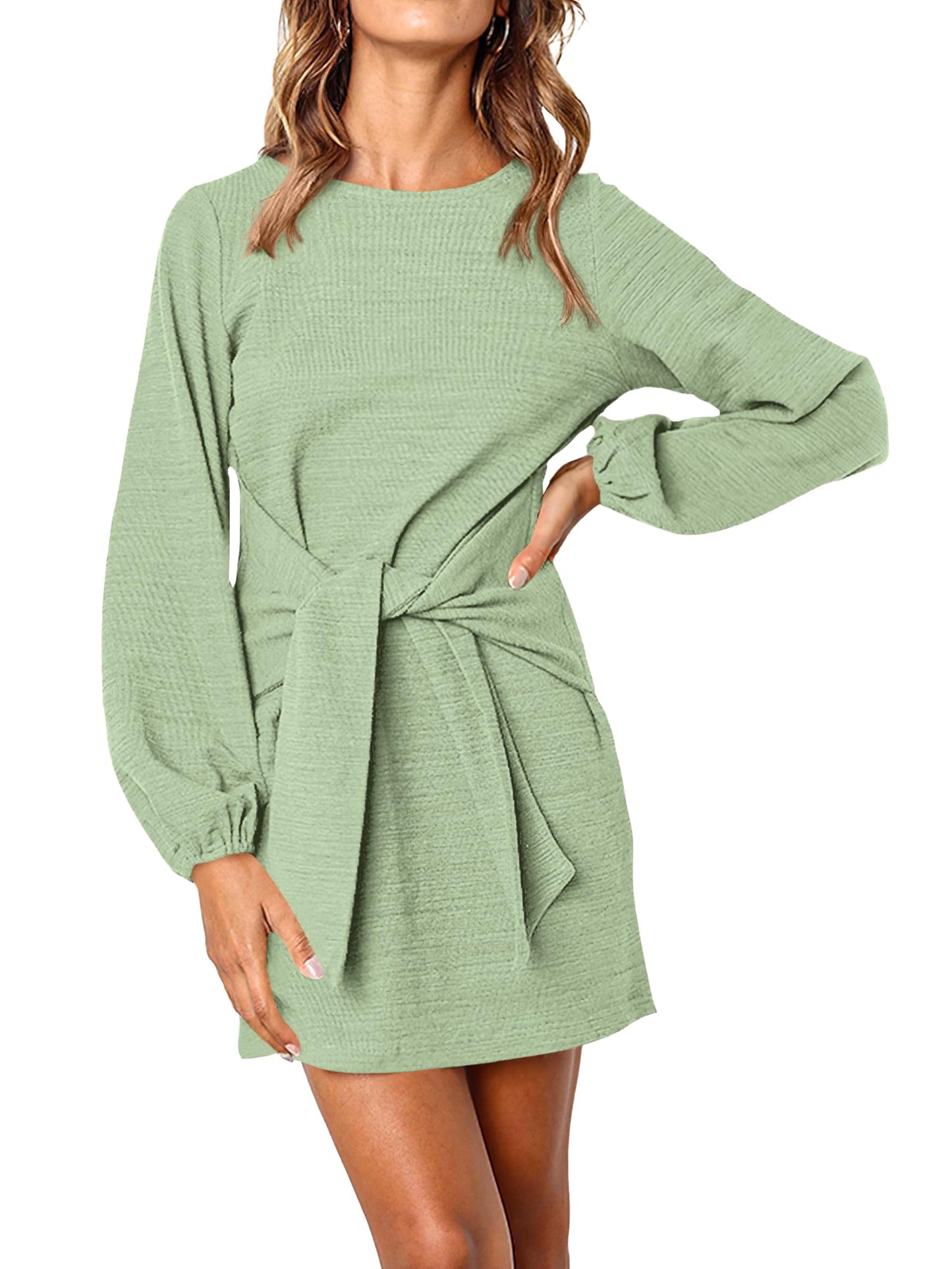 PRETTYGARDEN Women's Elegant Long Lantern Sleeve Short Dress Crewneck Tie Waist Knit Cocktail Dress (Bean Green,Small)