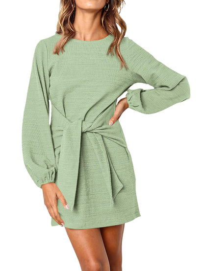 PRETTYGARDEN Women's Elegant Long Lantern Sleeve Short Dress Crewneck Tie Waist Knit Cocktail Dress (Bean Green,Small)
