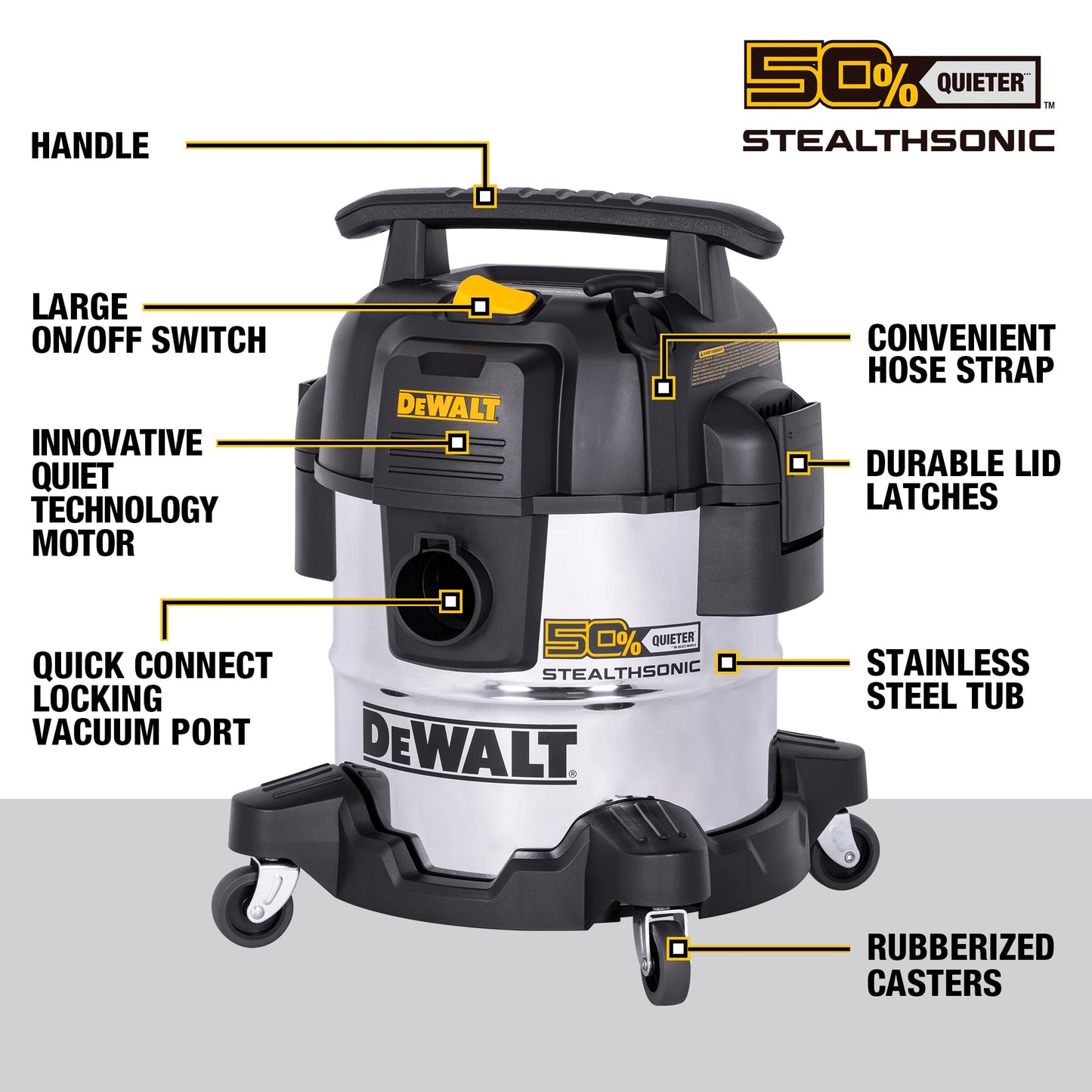 DEWALT 5 Gallon 4 HP STEALTHSONIC Shop Vacuum Wet and Dry DXV05S-QTB Ultra Quiet Stainless Steel Wet/Dry Vacuum Cleaner with Powerful Suction for Garage, Jobsite, and Workshop