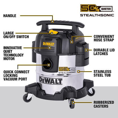 DEWALT 5 Gallon 4 HP STEALTHSONIC Shop Vacuum Wet and Dry DXV05S-QTB Ultra Quiet Stainless Steel Wet/Dry Vacuum Cleaner with Powerful Suction for Garage, Jobsite, and Workshop