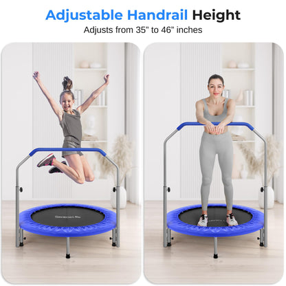 SereneLife 36"/40" Portable & Foldable Trampoline in-Home Mini Rebounder with Adjustable Handrail for Indoor and Outdoor Workout Use, Fitness Body Exercise, Round Jumping Cardio, Safe for Kids/Adults