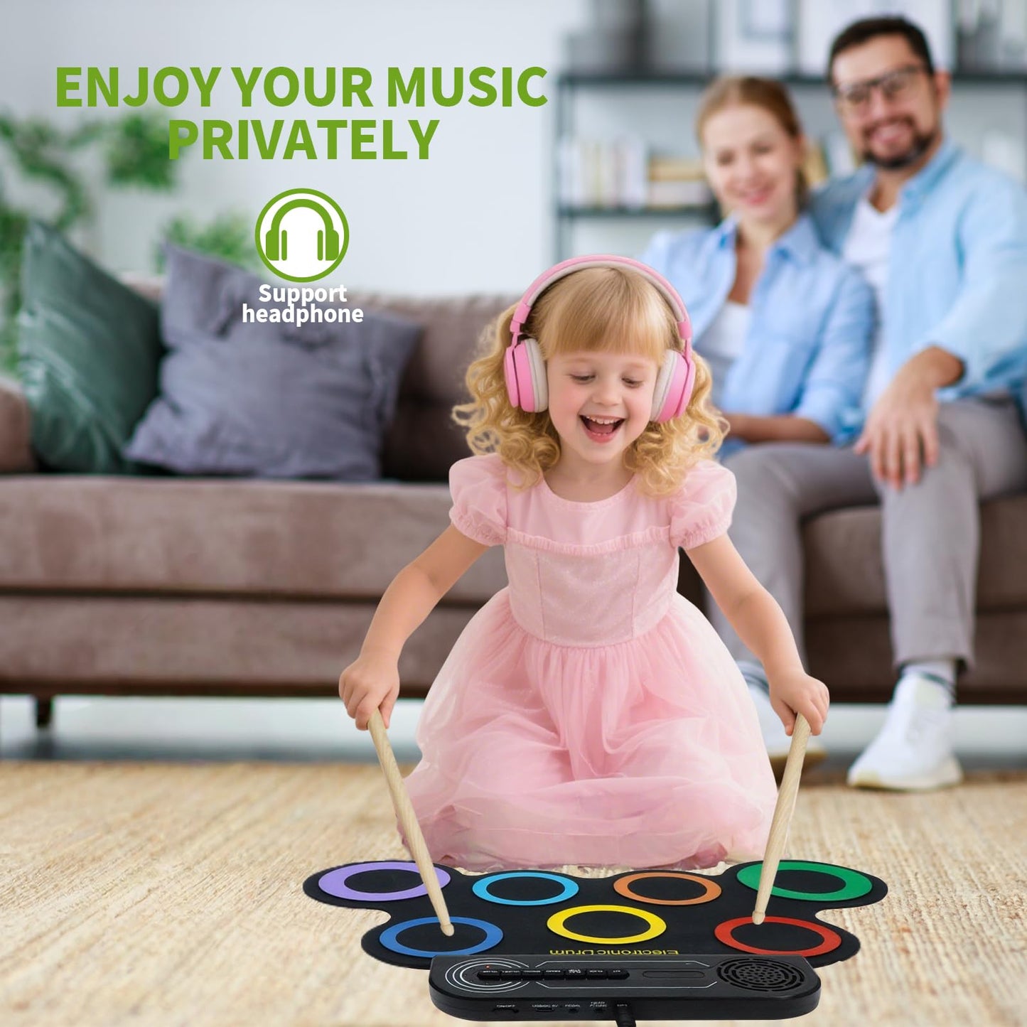 VerkTop Electric Drum Set Built-in Speaker, Kids Electronic Drum Practice Pad Kit, Portable Roll Up Drum Machine with 2 Foot Pedals, Drumsticks, Great Birthday Christmas Gifts for Girls Boys