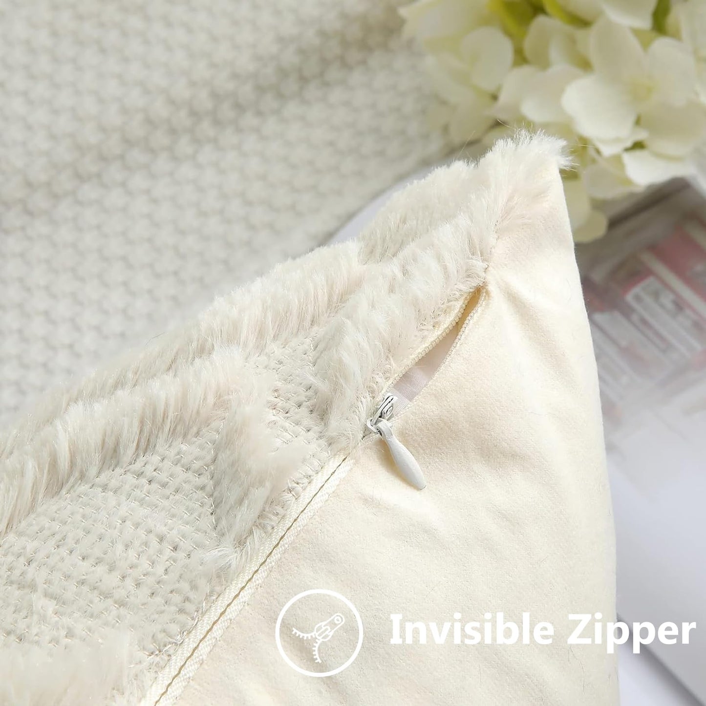 decorUhome Fall Throw Pillow Covers 18x18 Inch Set of 2, Soft Plush Decorative Faux Fur Beige Solid Couch Pillow Covers, Accent Farmhouse Neutral Square Pillow Cases for Sofa Bed Living Room