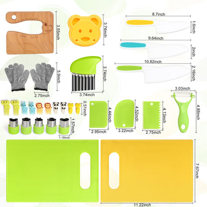 28PCS Toddler Knife Set - Kids Knifes for Real Cooking, Montessori Kids Kitchen Knife Set with Cutting Board Crinkle Cutters Kid Safe Knives, Toddlers Kitchen Tools for Age 2-10 Year Old Girl Boy