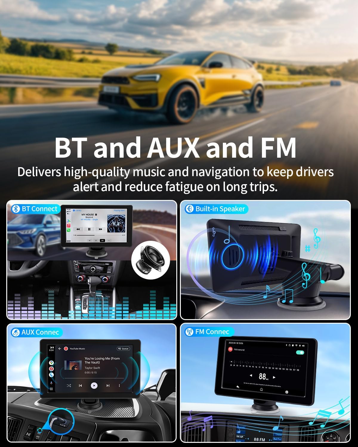 Portable Apple Carplay Screen for Car, 7" HD Car Stereo Touchscreen with Wireless CarPlay & Android Auto, Mirror Link, Bluetooth, Voice Control, Memory Card Playback, AUX - Fits All Vehicles