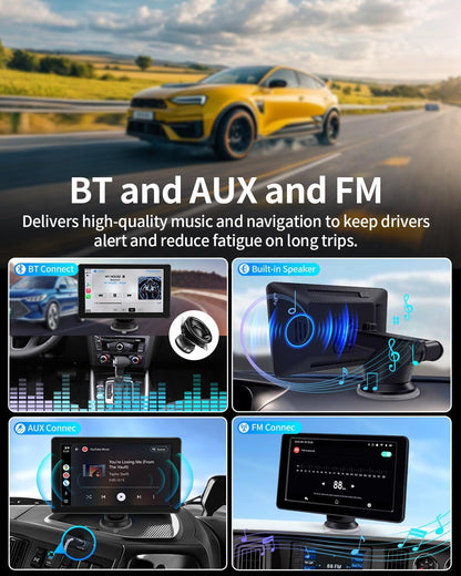 Portable Apple Carplay Screen for Car, 7" HD Car Stereo Touchscreen with Wireless CarPlay & Android Auto, Mirror Link, Bluetooth, Voice Control, Memory Card Playback, AUX - Fits All Vehicles