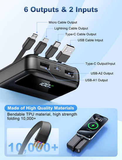 OHOVIV Portable Charger Power Bank 50000mAh Battery Pack, 22.5W Fast Charging PowerBank with Built in Cables,Travel Camping Essential USB-C Portable Phone Charger for iPhone Samsung Pixel Android iPad