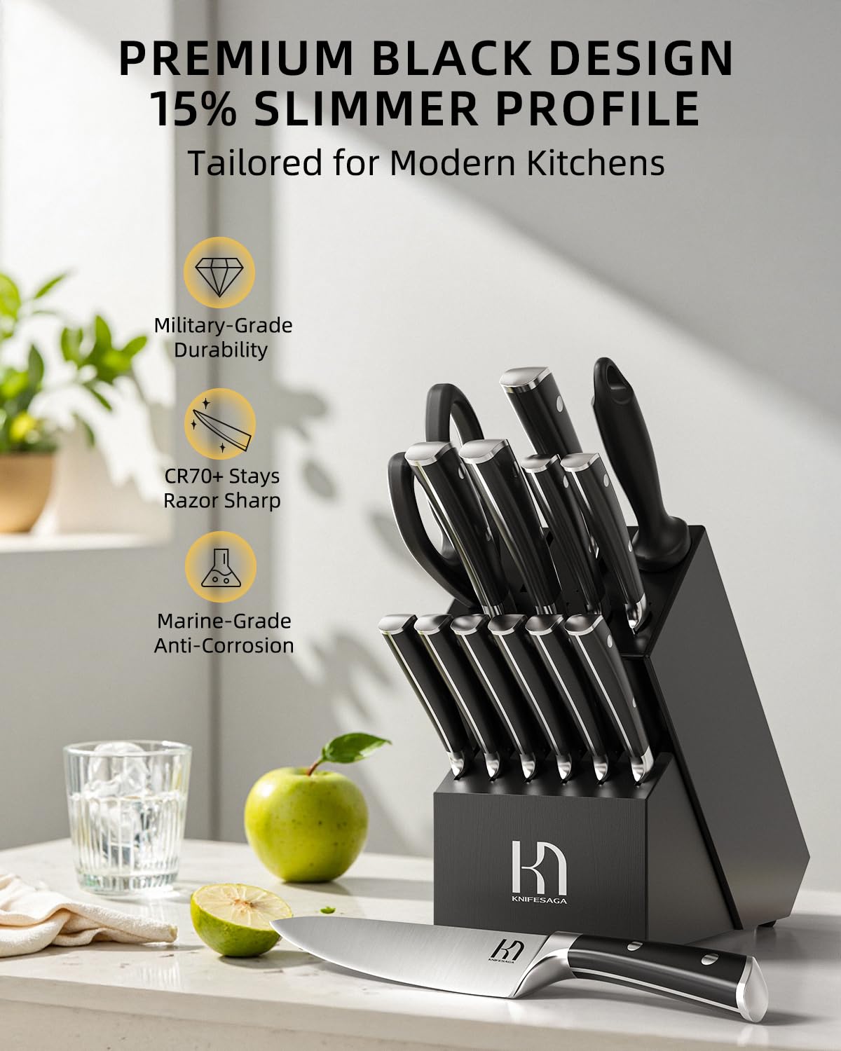 2025 Knife Set 15 Pcs Japanese High Carbon Stainless Steel Kitchen Knife Sets with Block & Sharpener, Premium Razor-Sharp Black Knives Block Set for Kitchen, Ergonomic Full-Tang Handle