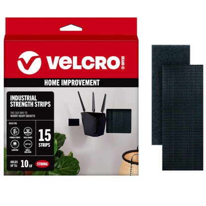 VELCRO Brand Heavy Duty Strips with Adhesive | 15 Sets Industrial Strength Mounting Tape | 4x2 Inch Wide Fasteners | Holds 10 lbs | Indoor or Outdoor Use, Black (VEL40020-USA)