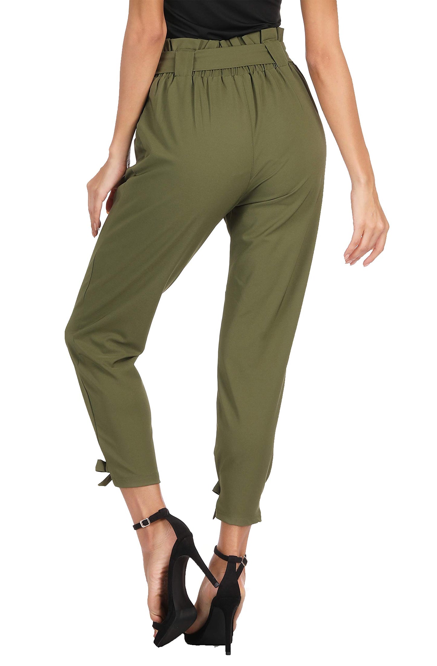GRACE KARIN Womens Casual High Waist Pencil Pants with Pockets Bow-Knot Cropped Paper Bag Pants for Work Army Green S