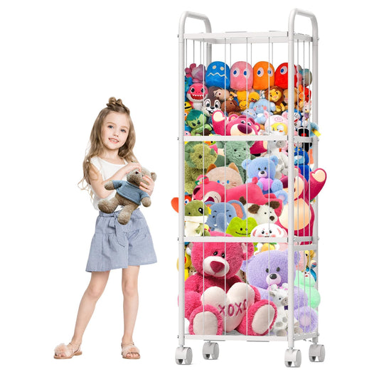 Stuffed Animal Storage Metal Tube Extra Large Toy Storage Organizer with Brake Wheels, Stuffed Animal Holder Zoo Organizer for Nursery Playroom Kids Room White(53.5” x 18.1”x 13”)