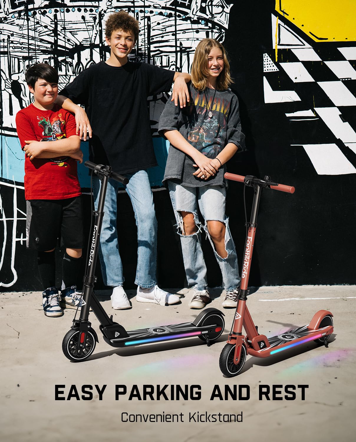 FanttikRide T9 Apex Electric Scooter for Kids 4.3-5.6 ft,200 W Motor, LED Colorful Lights with Bluetooth Music Speaker, 7/10/12 MPH Digital Display, Adjustable Height, Foldable, Up to 40 mins,Black