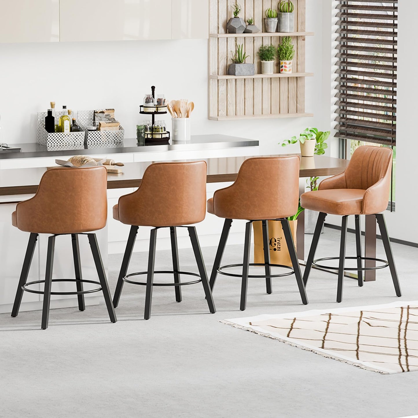 VINGLI 26" H Swivel Barstools Set of 4, PU Leather Upholstered Counter Stool with Back, Kitchen High Chairs Counter Height Bar stools with Cushion, Solid Wood Legs, Brown