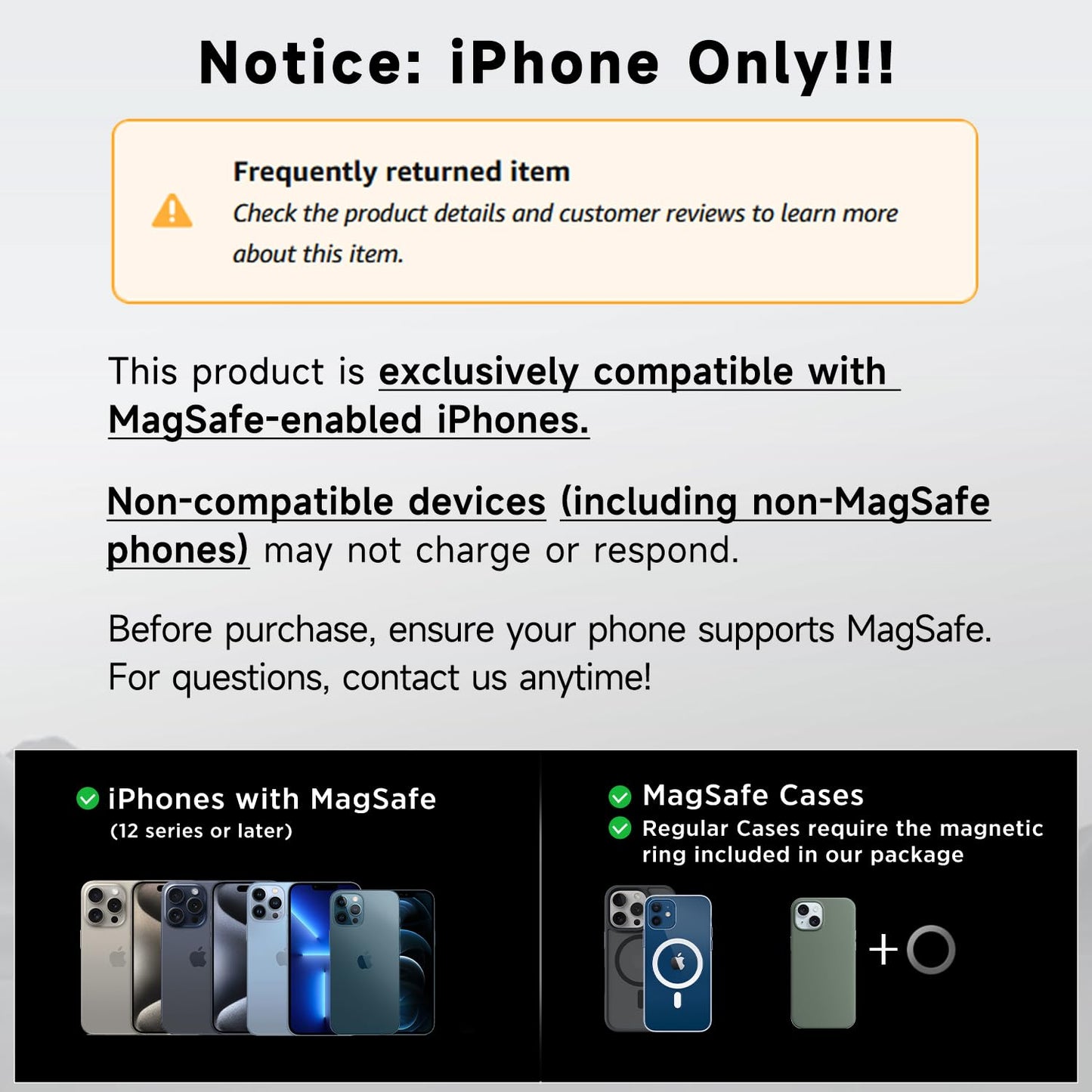 15W Only for iPhone MagSafe Car Mount Charger, 360% Adjustable Aluminum Alloy Arm, Relocatable Car Phone Holder, Magnetic Wireless Fast Charging, Cell Phone Holder for All Car Models, Black