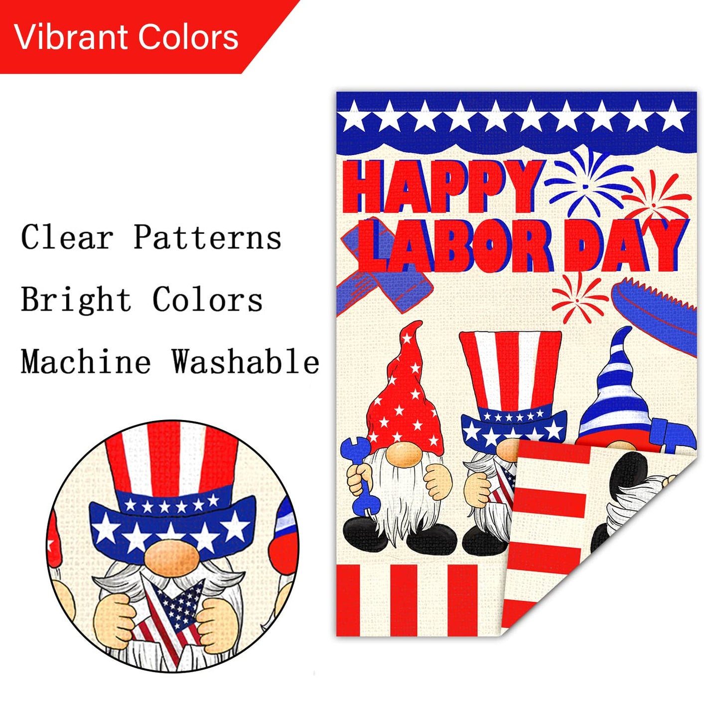 Louise Maelys Happy Labor Day Garden Flag 12x18 Double Sided Vertical, Burlap Small Gnome Garden Yard House USA Flags Banner Outdoor Outside Labor Day Decoration (ONLY FLAG)