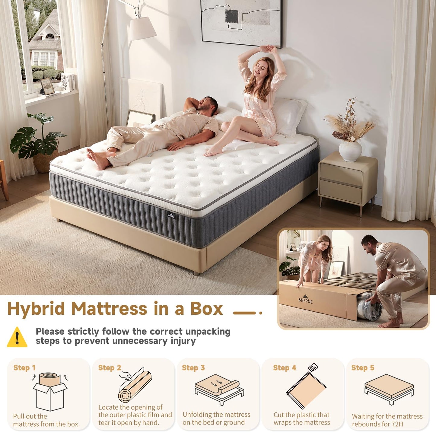 SNFPNE Queen Size Mattress 12 Inch, Hybrid Memory Foam Mattress with Zoned Pocket Coils Support and Motion Isolation Design, Strengthen Edge Support,CertiPUR-US Certified, Medium Firm in a Box