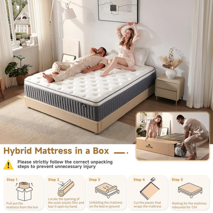 SNFPNE Queen Size Mattress 12 Inch, Hybrid Memory Foam Mattress with Zoned Pocket Coils Support and Motion Isolation Design, Strengthen Edge Support,CertiPUR-US Certified, Medium Firm in a Box