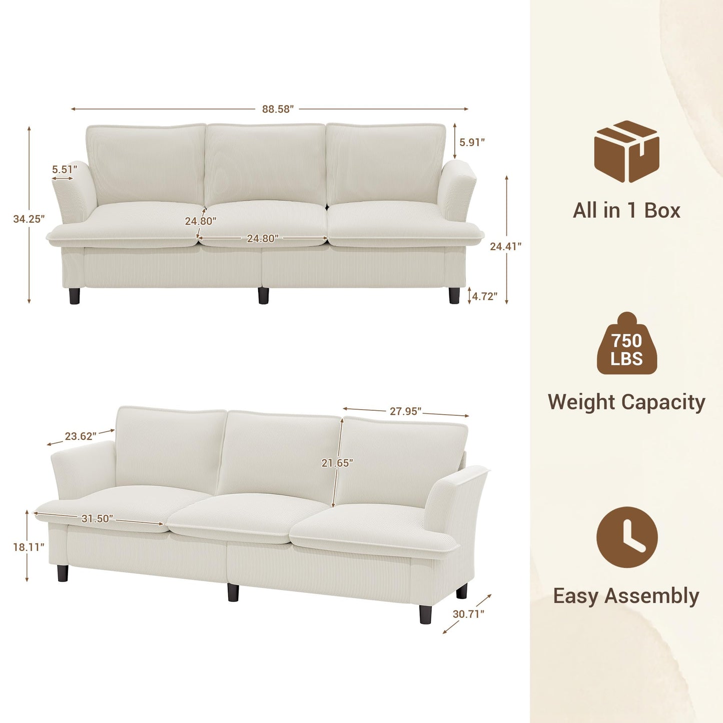 GRUSIGN 3 Seater Corduroy Couch, 89" Comfy Couch with Deep Seat, Modern Sofa Couch for Living Room, Office, Bedroom, Apartment (Pillows not Included)