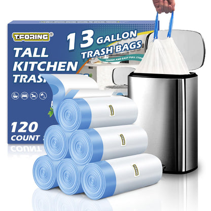 T.FORING 13 Gallon Trash Bags Drawstring 120 Count, 1.7 Mil Thick White Garbage Bags, Easy-Dispense Roll for Kitchen & Household Use, Resists Tears, Leaks and Punctures