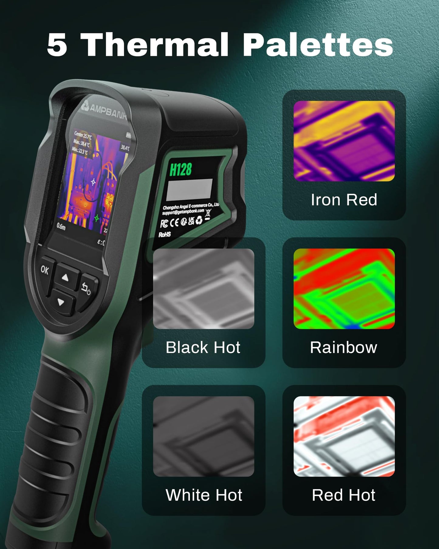 H128 Handheld Thermal Camera, 240 x 240 TISR Resolution, 24h Battery Life Thermal Imaging Camera, 25 Hz Infrared Camera with Temperature Alarm, -4℉~ 842℉ Temp Range, IP65 Protection Level