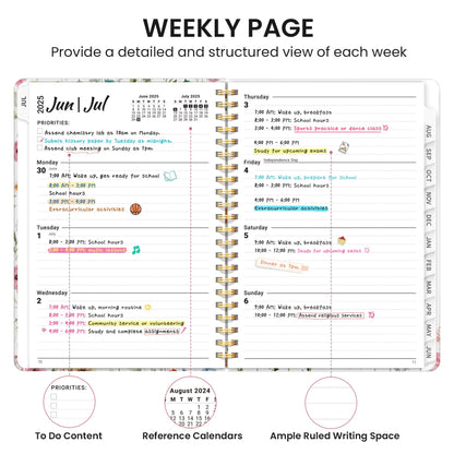 Planner 2025-2026, Academic Year Monthly and Weekly Calendar Planner, Jul 2025 - Jun 2026, Hardcover Teacher Student Planning Agenda book with Tabs, Perfect for School Office Supplies , 6.3" x 8.5" - Wildflower