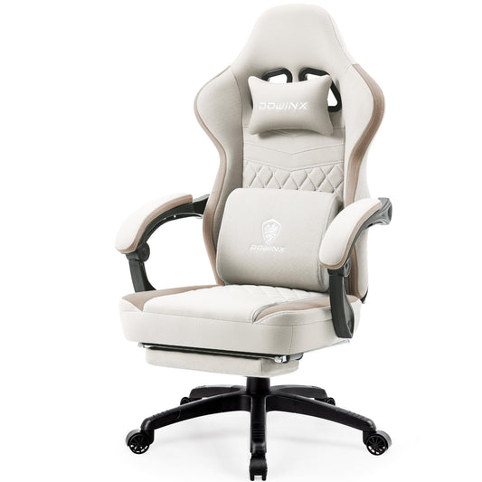 Dowinx Gaming Chair Breathable Fabric Computer Chair with Pocket Spring Cushion, Comfortable Office Chair with Gel Pad and Storage Bag,Massage Game Chair with Footrest,Beige