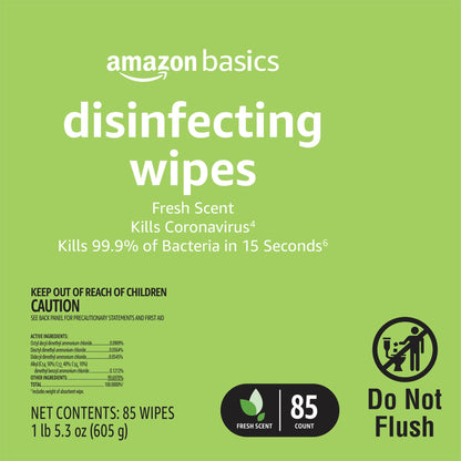 Amazon Basics Disinfecting Wipes, Lemon & Fresh Scent, Sanitizes/Cleans/Disinfects/Deodorizes, 255 Count (3 Packs of 85)