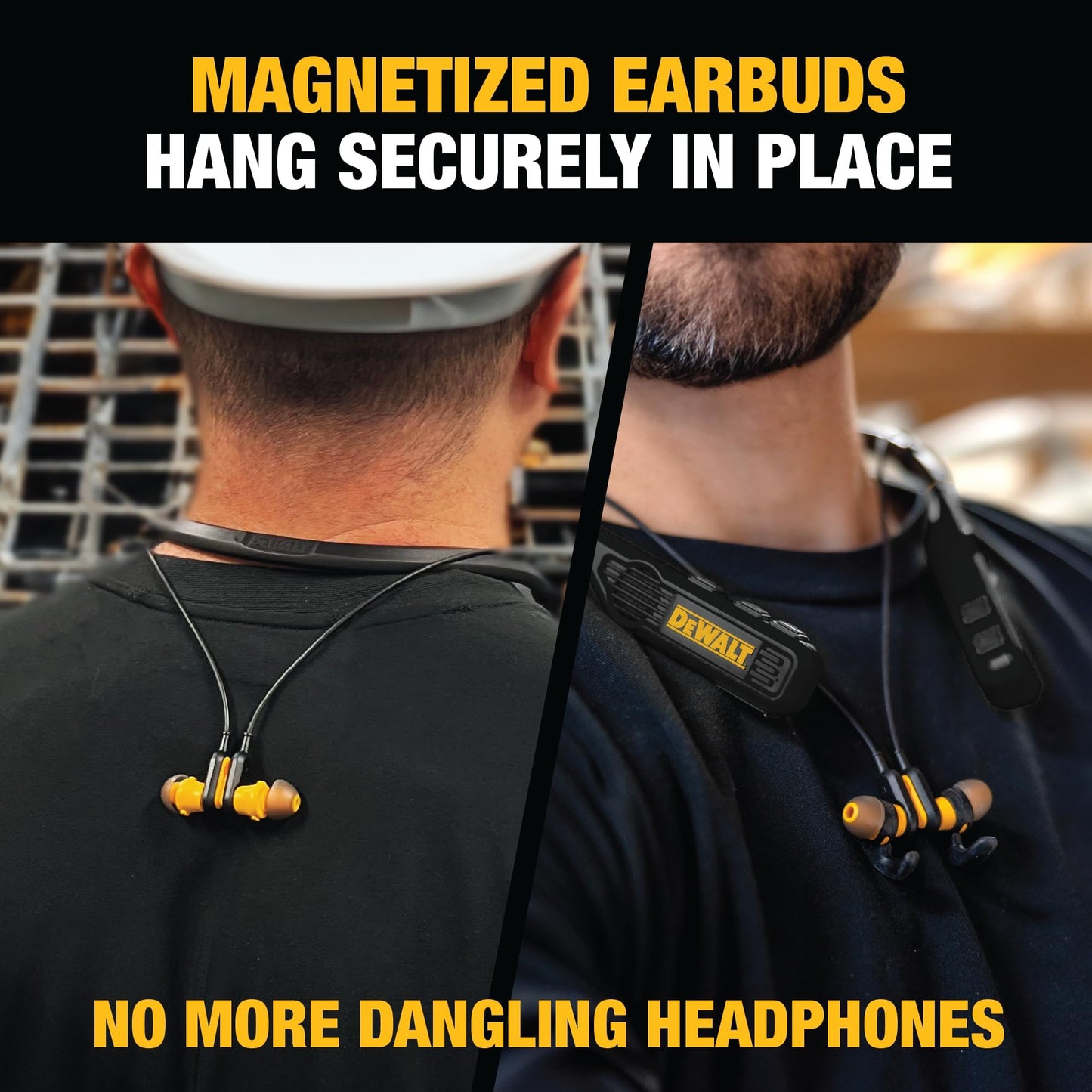 DEWALT Heavy Duty Black Edition 2-in-1 Neckband Bluetooth Headphones w/Built-in Speakers, Jobsite Wearable Speaker & Around Neck, Wireless Headset, 60+ Hrs Hands-Free Music & Calls, Carry Pouch
