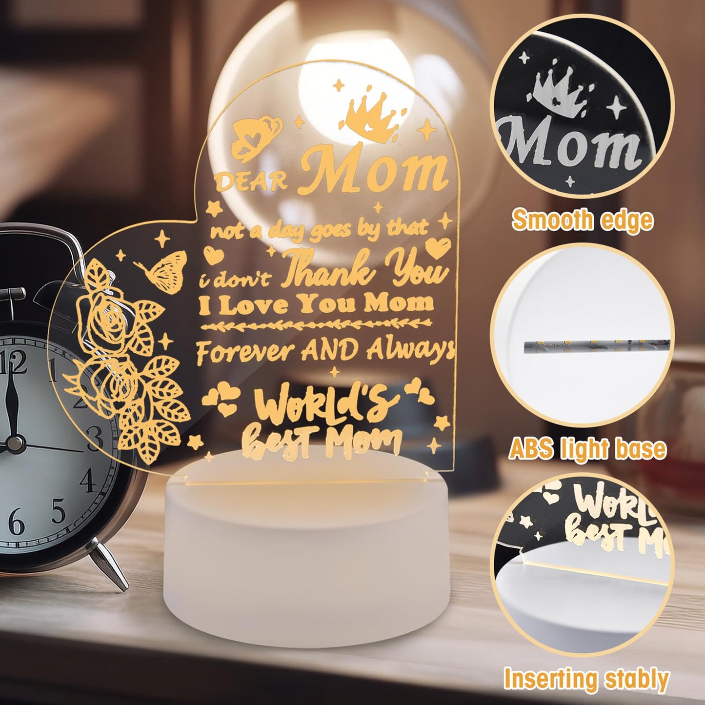 AZKAQA Gifts for Mom from Daughter Son - Mom Birthday Gifts Acrylic 3D Text Night Light, Mom Gifts for Christmas, Mother's Day, Birthday, Thanksgiving