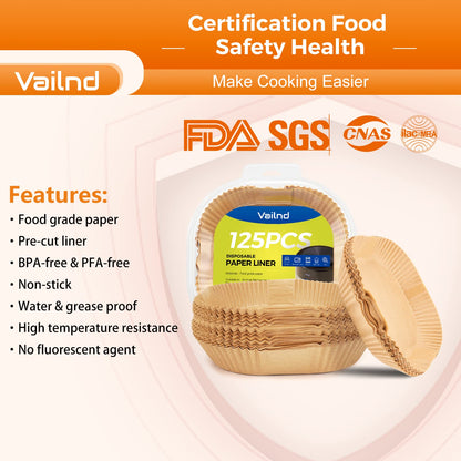 Vailnd 9inch Square Air Fryer Disposable Paper Liners, 125PCS Non-Stick Food Grade Air Fryer Parchment Liner, Oil Resistant, Waterproof, Food Grade Baking Paper for 8-12 QT Air Fryer Microwave