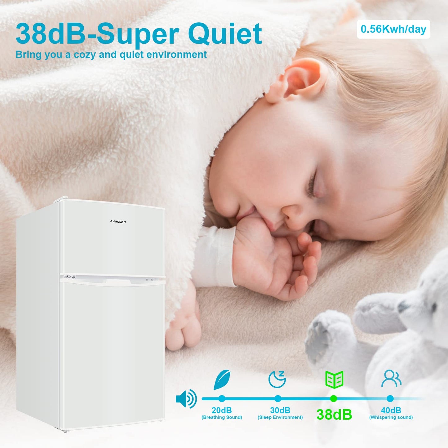 BANGSON Mini Fridge with Freezer, 2 Door Small Refrigerator with Freezer, Mini Fridge for Bedroom, 3.2 CU.FT, For Home, Office, Dorm, Garage or RV, (White)