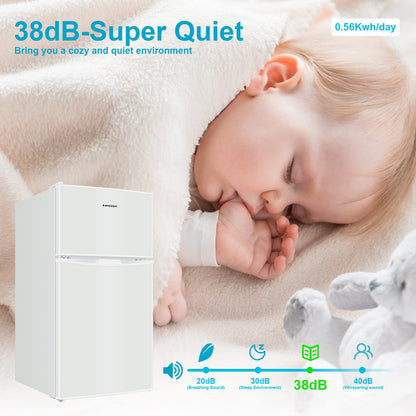 BANGSON Mini Fridge with Freezer, 2 Door Small Refrigerator with Freezer, Mini Fridge for Bedroom, 3.2 CU.FT, For Home, Office, Dorm, Garage or RV, (White)