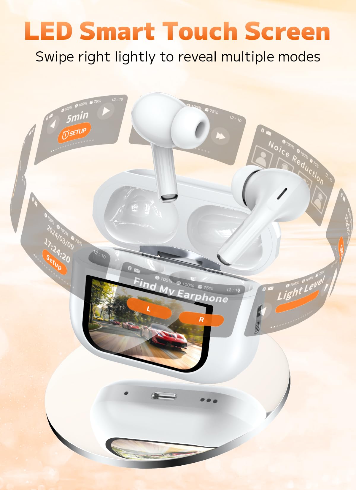 Szwdo Wireless Earbuds, Bluetooth 5.4 Ear Buds with Multifunctional Touch Screen, ANC/ENC Noise Cancelling Headphones with 48H Playtime, Bass Stereo Sound, for Laptop, Android/iOS, Pad